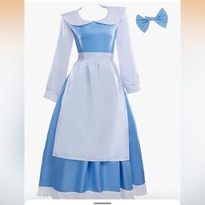 NWOT Belle inspired Blue and  White Costume. Dress | Shirt | Apron |  Bow  Small